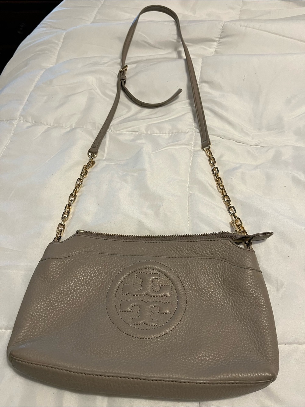 Tory Burch Taupe Pebbled Leather Chain-Trim Crossbody